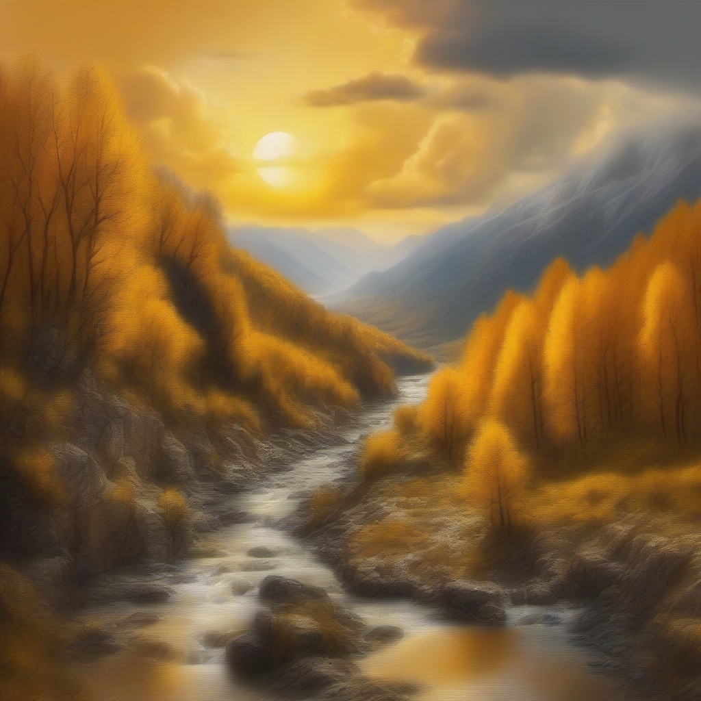 landscape in the mountains, falling sun, river in the center, yellow trees, orange sky with clouds