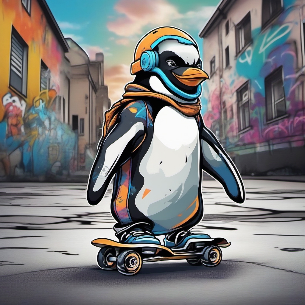 penguin with rollerblades skating in a city, graffiti style